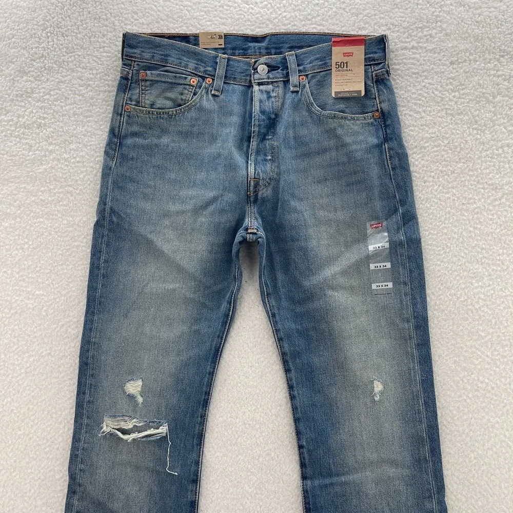 Levis 501 Jeans Mens 33x34 Blue Original Straight Button Fly Distressed Denim
